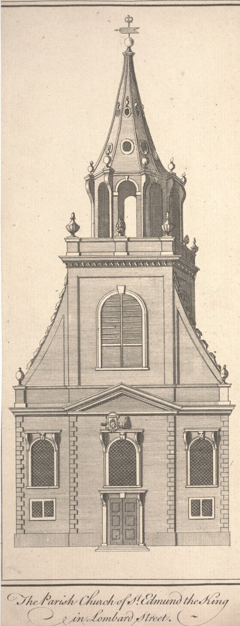 De parochiekerk van St. Edmund de Koning in Lombard Street, ca. 1750 (gravure) door Benjamin Cole