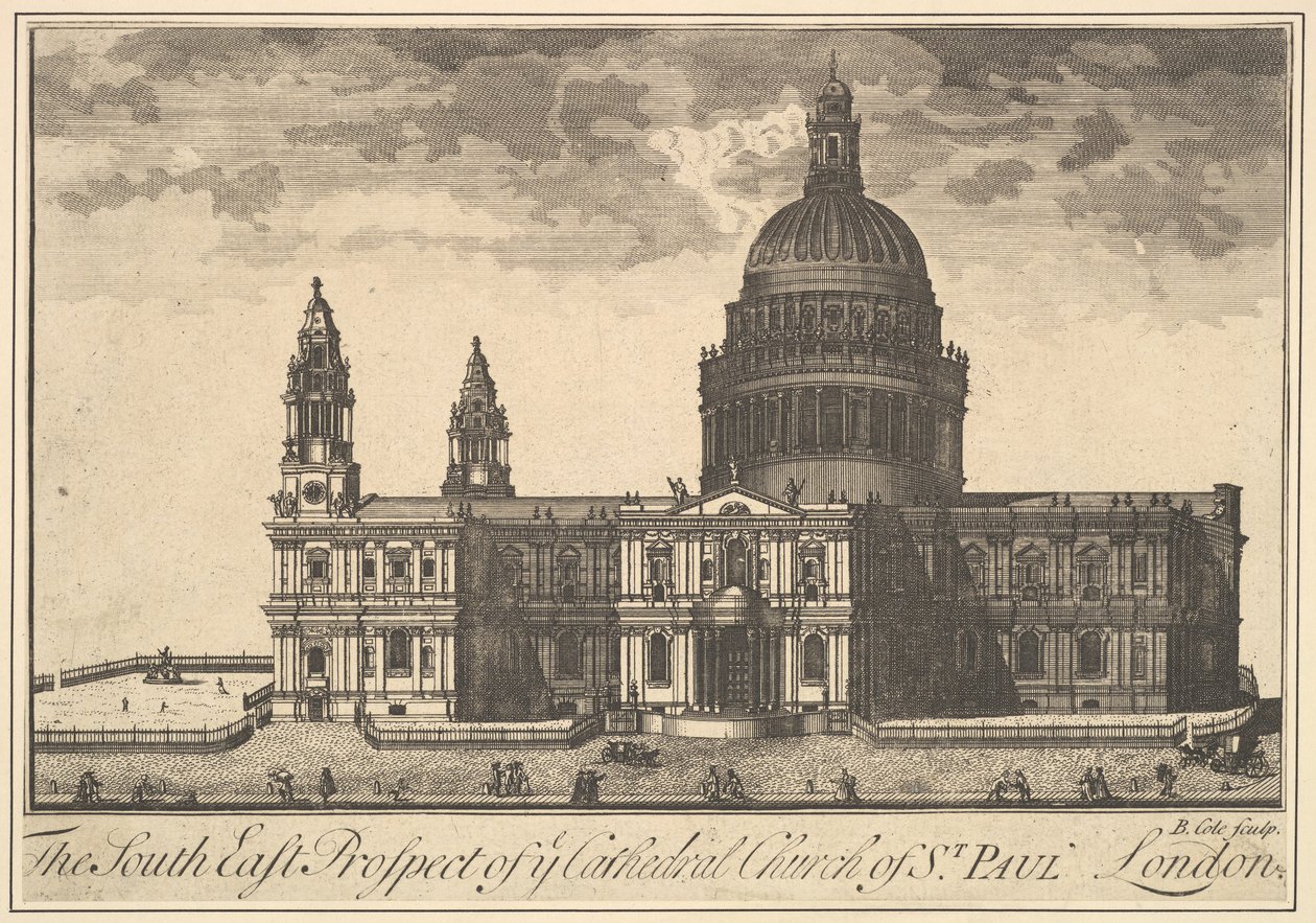Het zuidoostelijke uitzicht van de kathedraal van St. Paul, Londen Overtons uitzichten, 1720-30 door Benjamin Cole