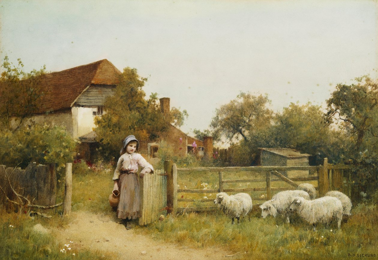 Jong Meisje met Schapen bij een Huisje door Benjamin D. Sigmund