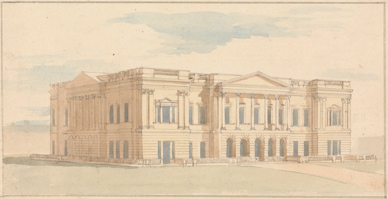 York House, Londen: Perspectiefweergave van de westelijke gevel door Benjamin Dean Wyatt