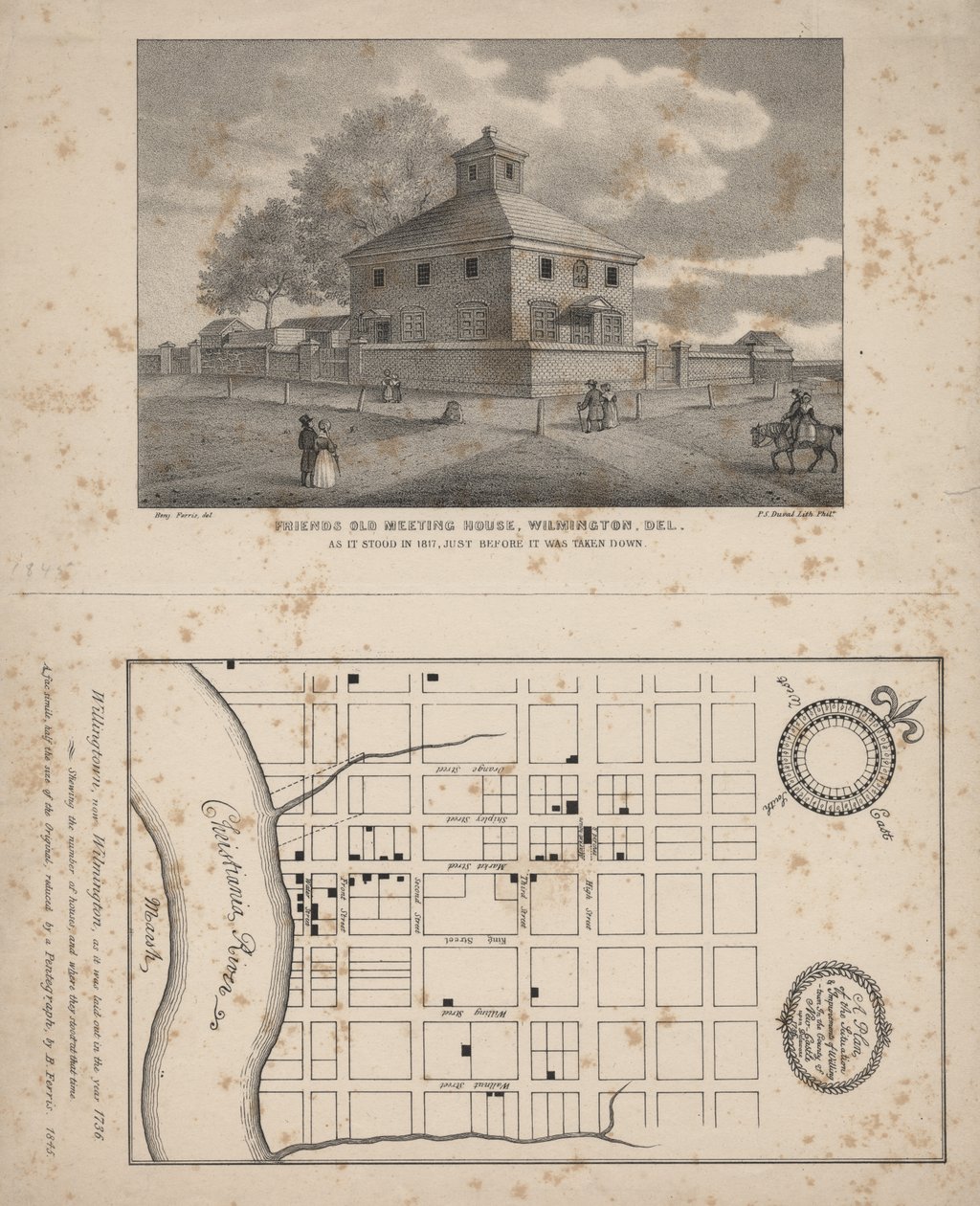 Friends Old Meeting House, Wilmington, Delaware, litho door P.S. Duval, 1845 door Benjamin Ferris