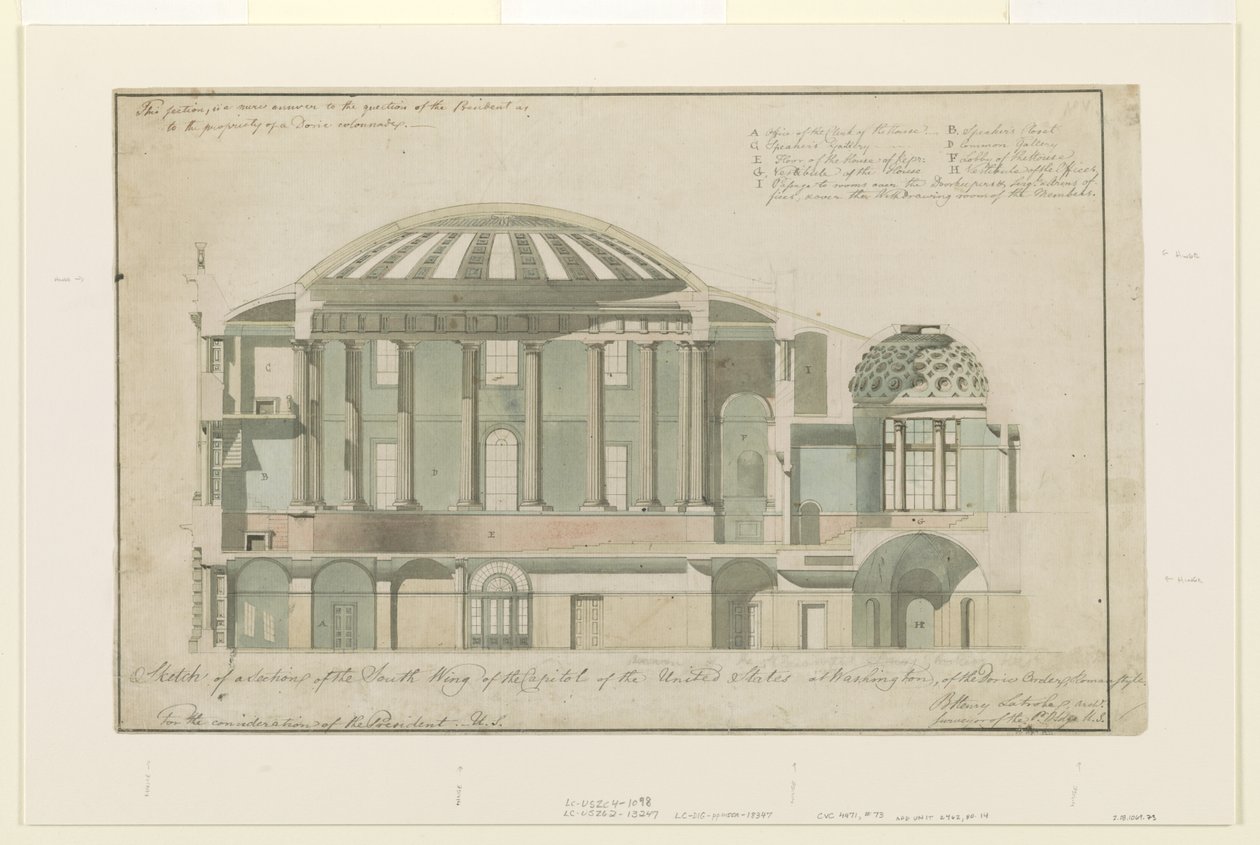 Sectie van de Zuidvleugel van het Amerikaanse Capitool door Benjamin Henry Latrobe