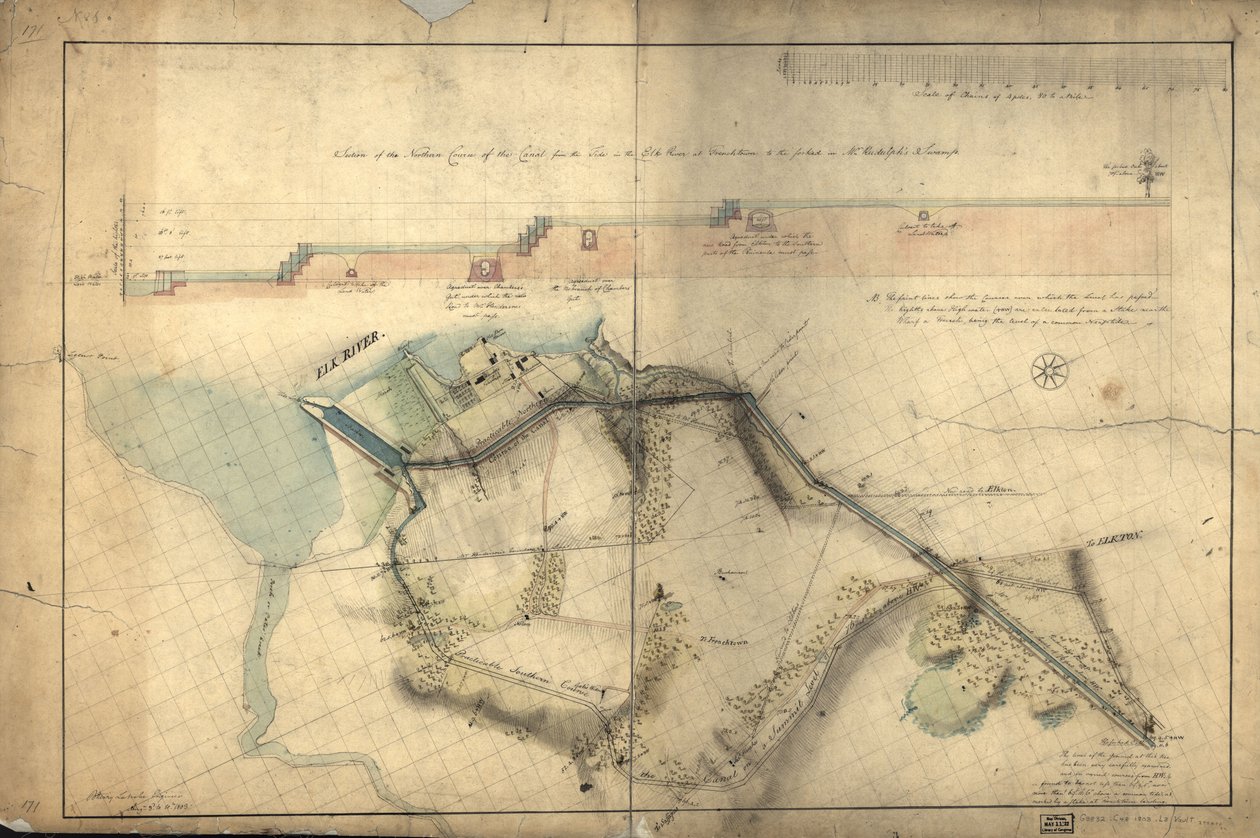 Sectie van het noordelijke traject van het kanaal van het tij in de Elk River bij Frenchtown tot de gevorkte [eik] in het moeras van Mr. Rudulph: [Chesapeake en Delaware Canal, Maryland gedeelte] door Benjamin Henry Latrobe