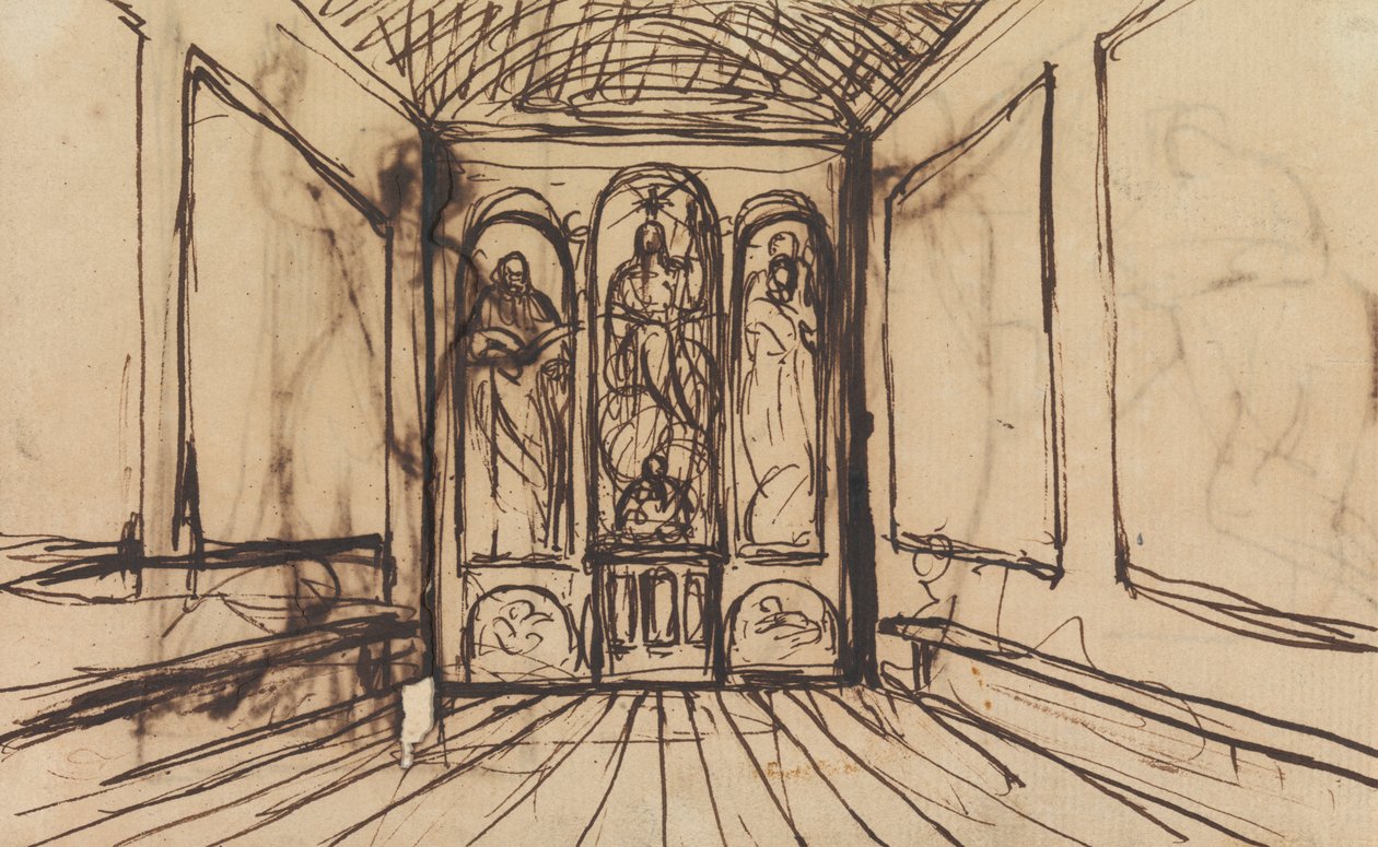 Studie van een Interieurkamer met Religieuze Beelden op de Muurpanelen door Benjamin Robert Haydon