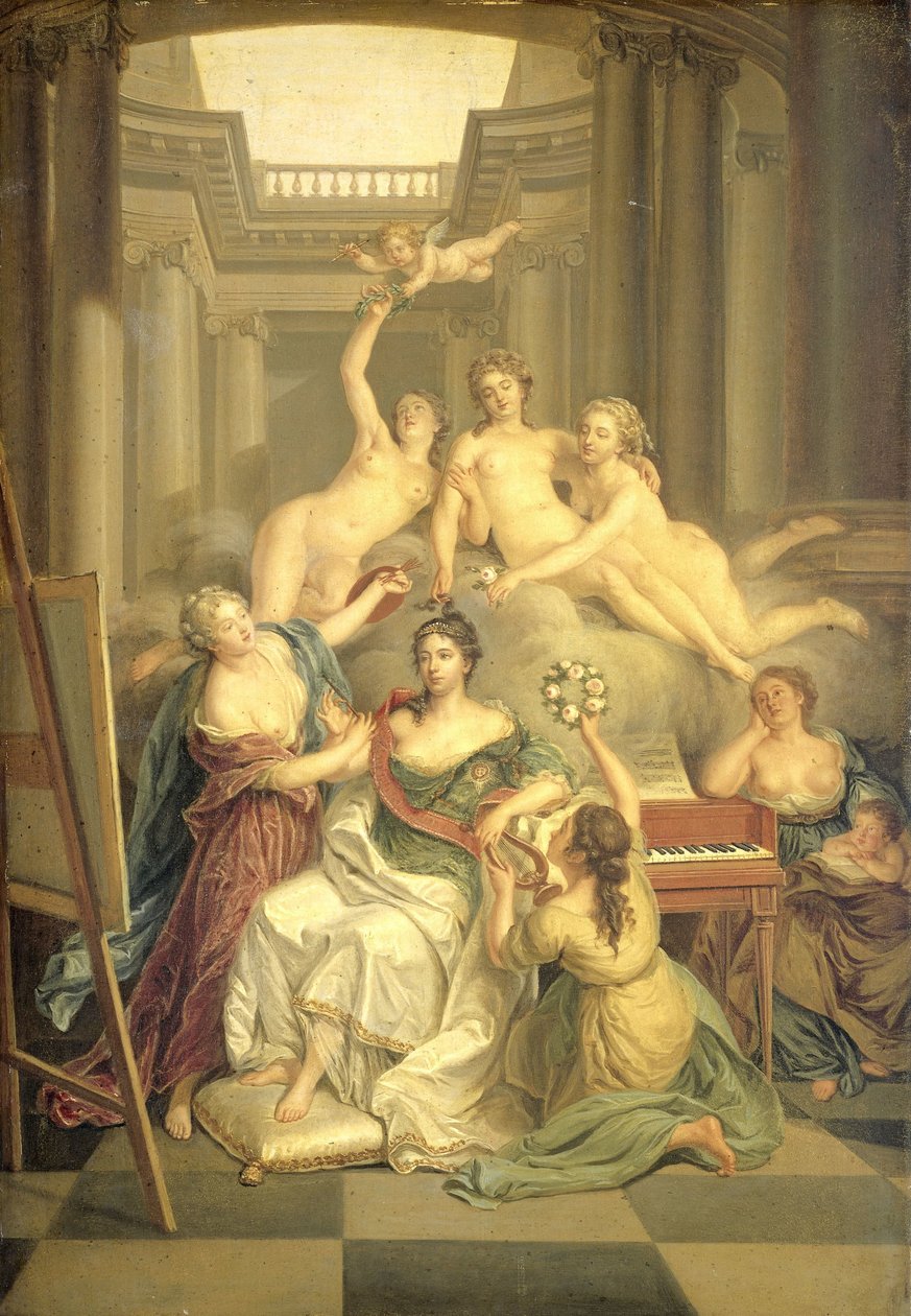 Frederika Sophia Wilhelmina van Pruisen (1751-1820). Vrouw van Prins Willem V, in de Tempel der Kunsten door Benjamin Samuel Bolomey