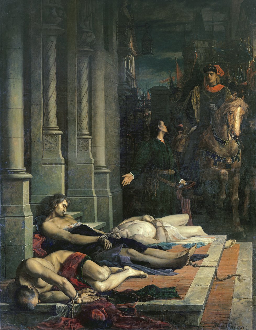 Het lichaam van Etienne Marcel wordt getoond aan dauphin Karel van Frankrijk, toekomstige Karel V, 2 augustus 1358 door Benjamin Ulmann