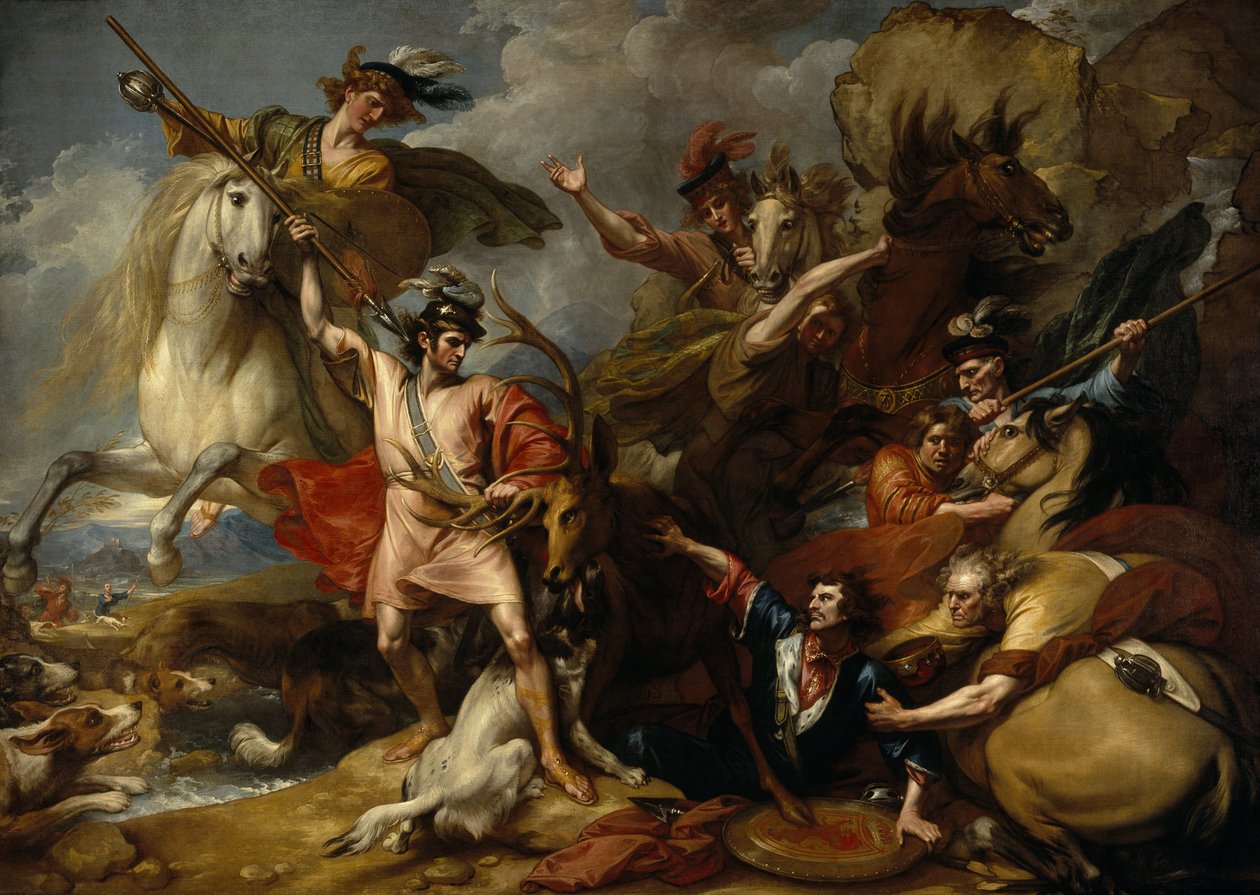 Alexander III van Schotland gered van de woede van een hert door de onverschrokkenheid van Colin Fitzgerald ("De dood van het hert") door Benjamin West