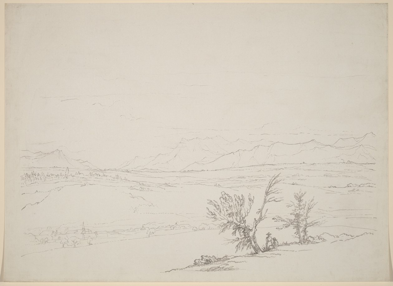 Een Alpenlandschap met een paar zittend bij bomen met uitzicht op een vallei door Benjamin West