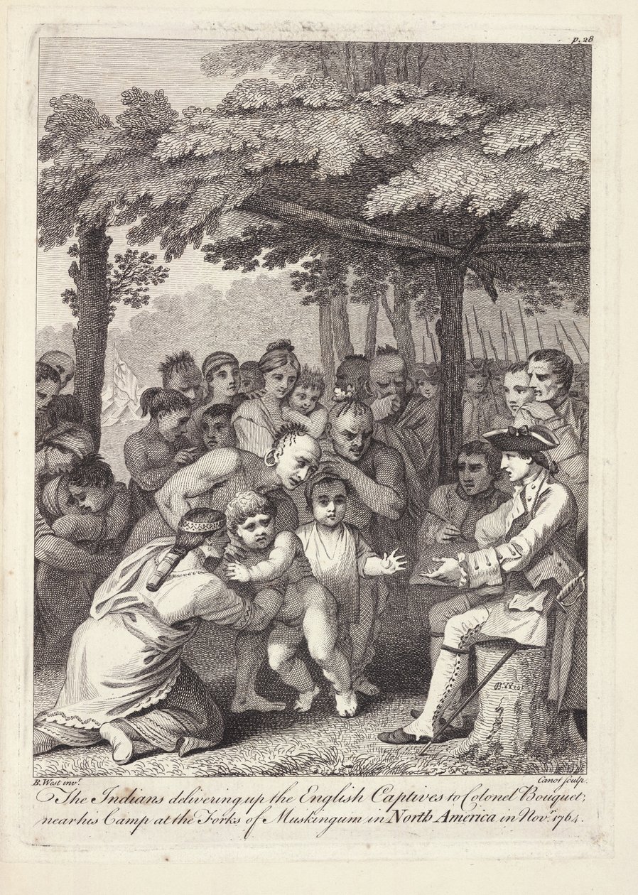 De indianen leveren de Engelse gevangenen uit aan kolonel Bouquet nabij zijn kamp bij de Forks of Muskingham in Noord-Amerika in november 1764 door Benjamin West