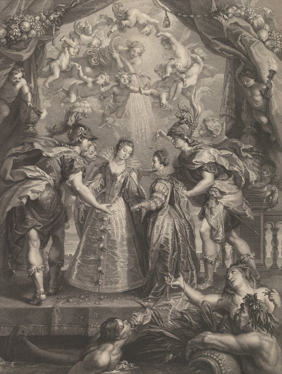 Plaat 17: De uitwisseling van de twee prinsessen in Hendaye, allegorische scène met Anne van..., 1707-10 door Benoit Audran I