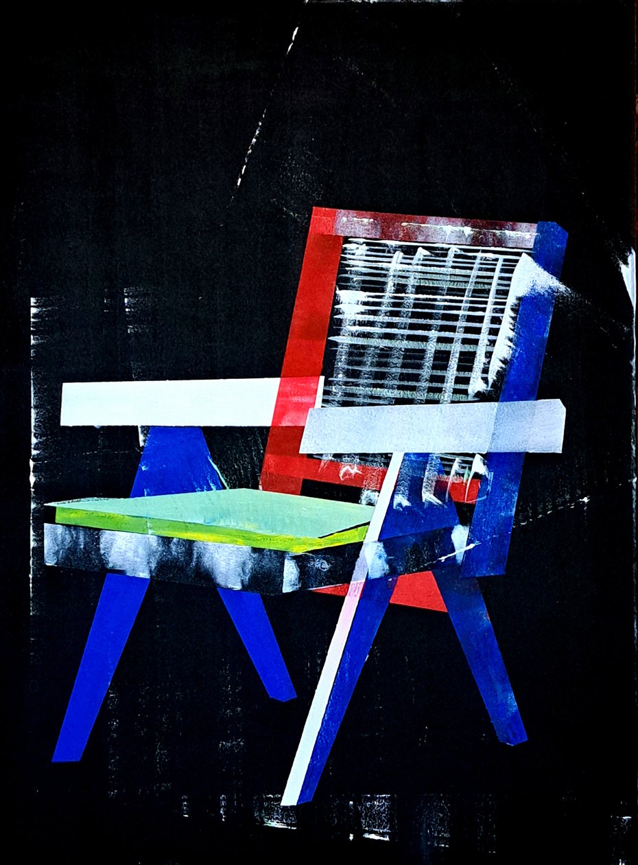 Chaise Chandigarh, naar Pierre Jeanneret, 2023 (olieverf en acryl op gemengd doek) door Benoit Erwann Boucherot
