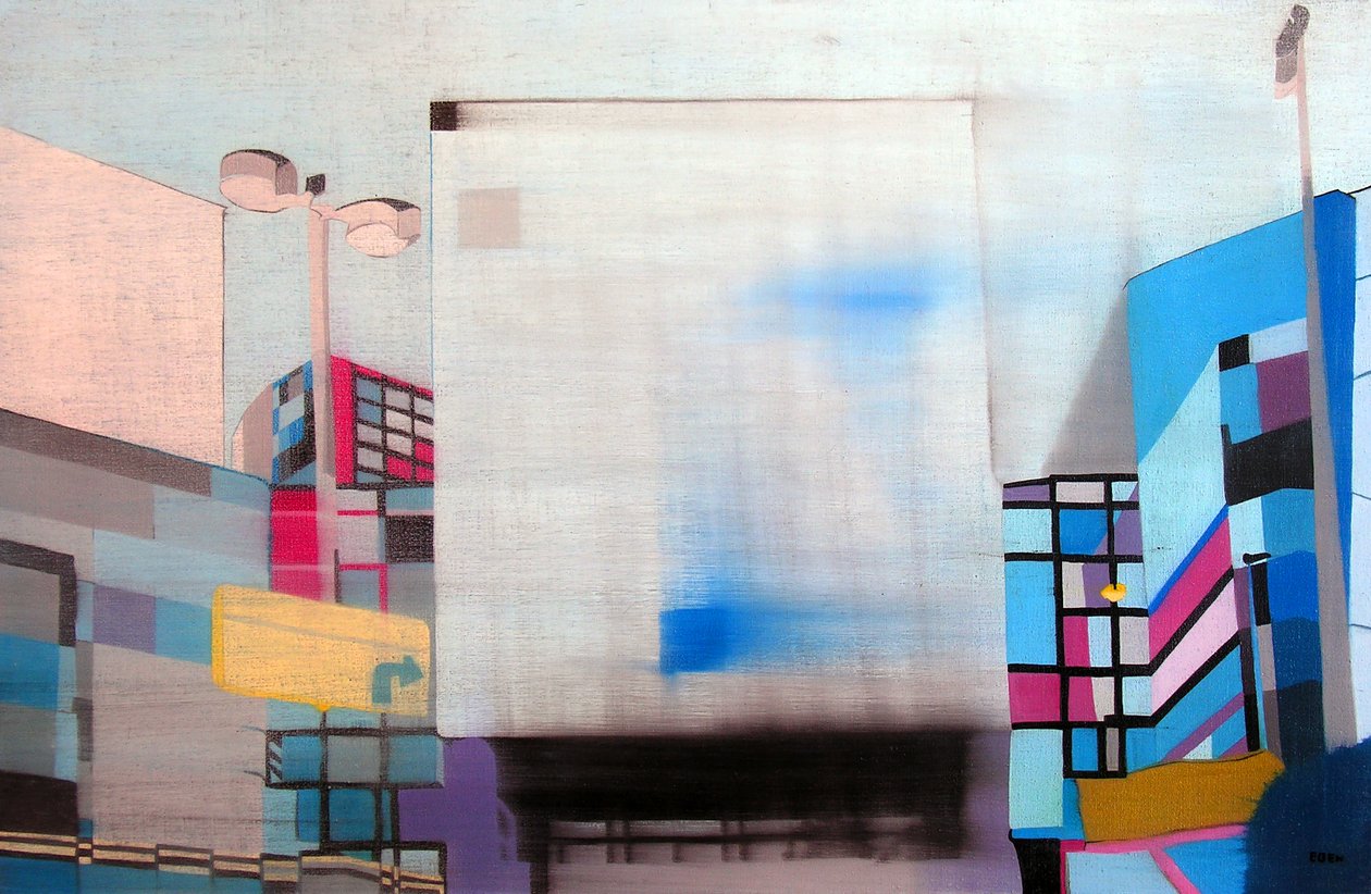 Downtown L.A. door autoraam, 2003 (olieverf op 2 naast elkaar geplaatste doeken) door Benoit Erwann Boucherot