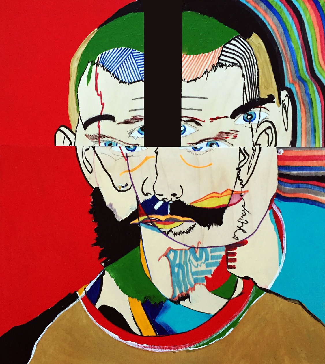 Surportret : Mathieu Leroux, 2021 (olieverf en acryl op 3 naast elkaar geplaatste houten panelen) door Benoit Erwann Boucherot