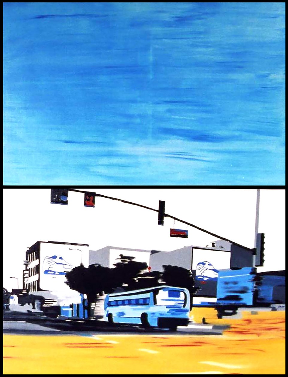 De blauwe bus roept ons, 2003 (olieverf op 2 naast elkaar geplaatste doeken) door Benoit Erwann Boucherot
