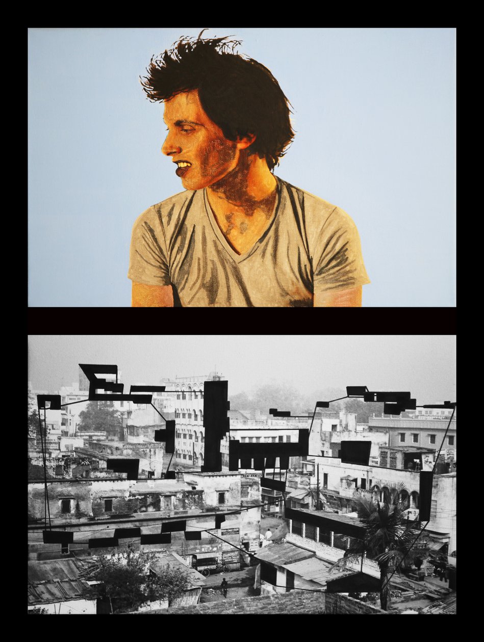 Yohan in Benares, 2005 (olieverf op 2 naast elkaar geplaatste doeken) door Benoit Erwann Boucherot