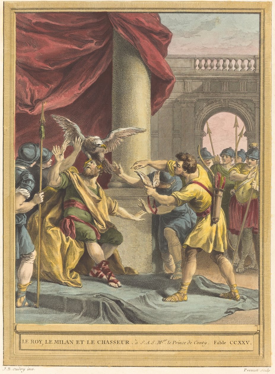 De Koning, de Wouw en de Jager door Benoît Louis Prévost after Jean Baptiste Oudry