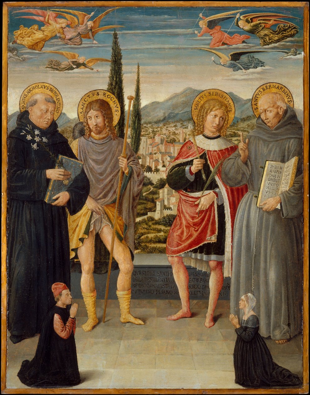 Heiligen Nicolaas van Tolentino, Rochus, Sebastiaan en Bernardinus van Siena, met knielende schenker door Benozzo di Lese di Sandro Gozzoli