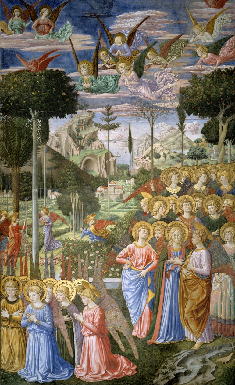 Engelen in een hemels landschap, de rechterwand van de apsis, uit de cyclus van de Reis van de Wijzen in de kapel, c.1460 door Benozzo di Lese di Sandro Gozzoli