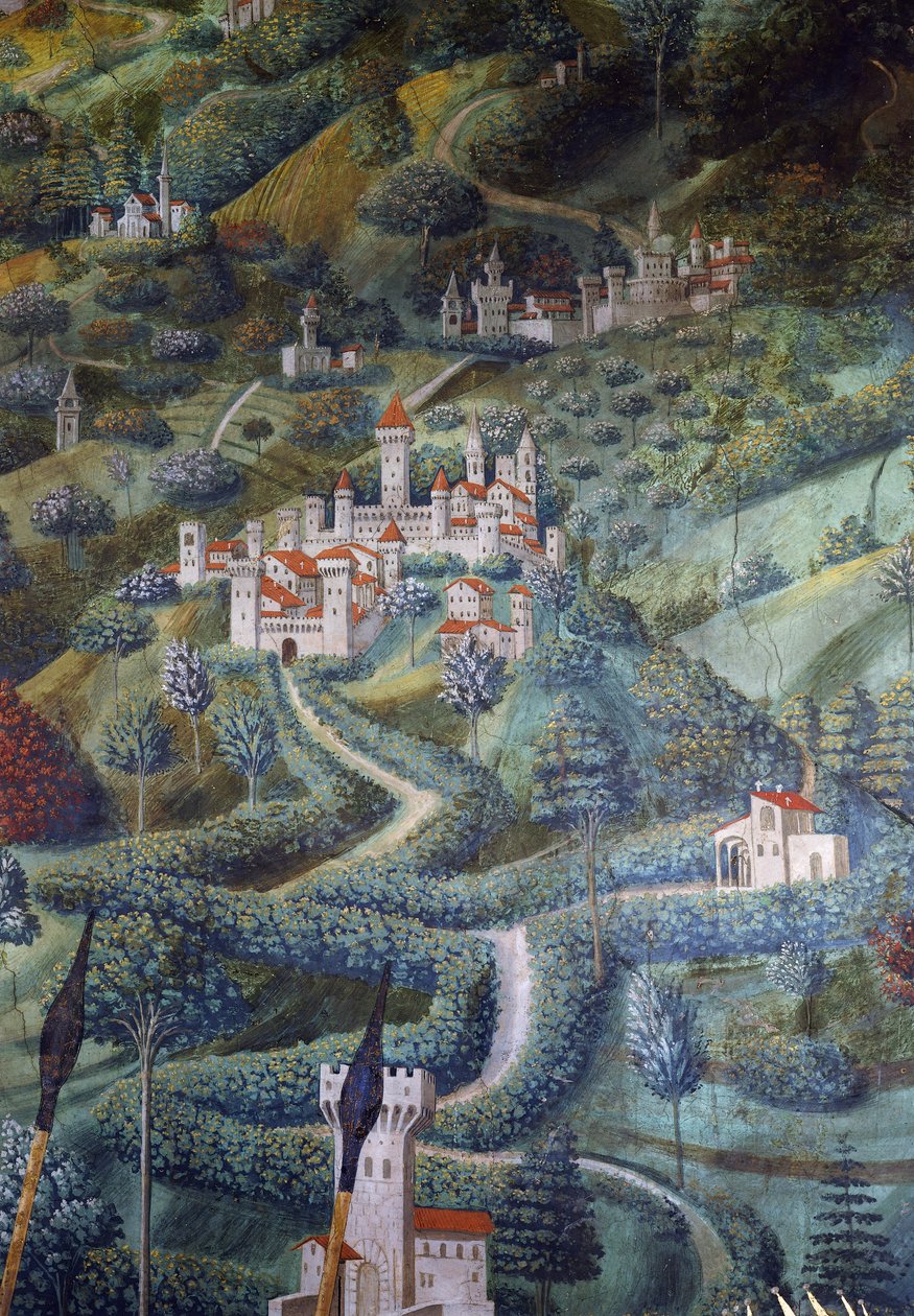 Kastelen, landschapsdetail van Processie van de Wijzen door Benozzo di Lese di Sandro Gozzoli