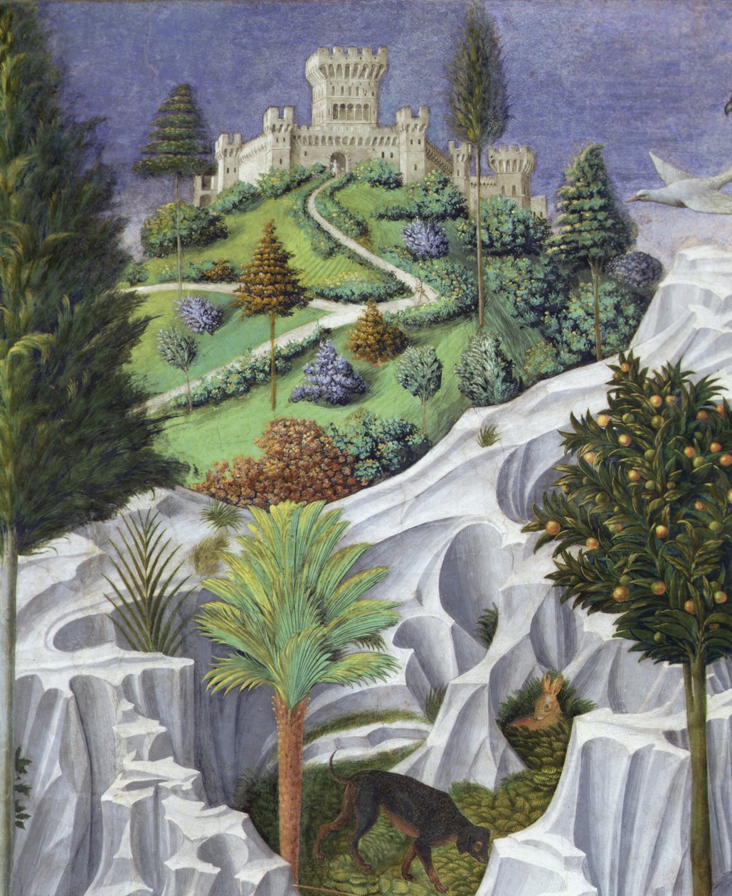 Landschap met een kasteel (detail) door Benozzo di Lese di Sandro Gozzoli