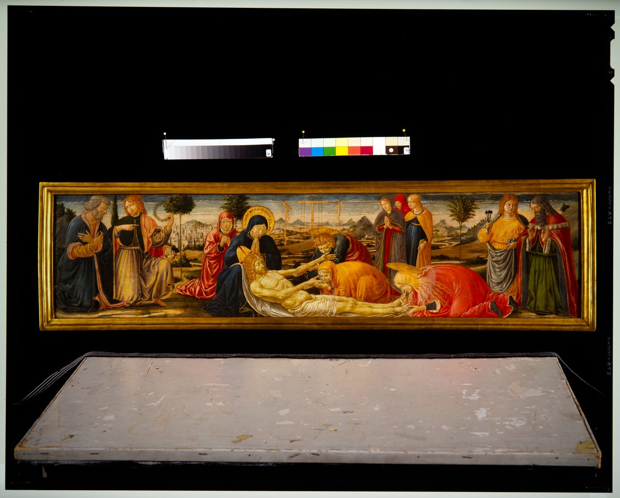 Predella Paneel - Rouw met twee mannelijke heiligen die twee mannelijke demonen introduceren door Benozzo di Lese di Sandro Gozzoli