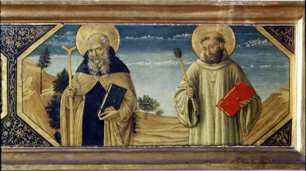 St. Antonius Abt en St. Benedictus (paneel) (detail) door Benozzo di Lese di Sandro Gozzoli