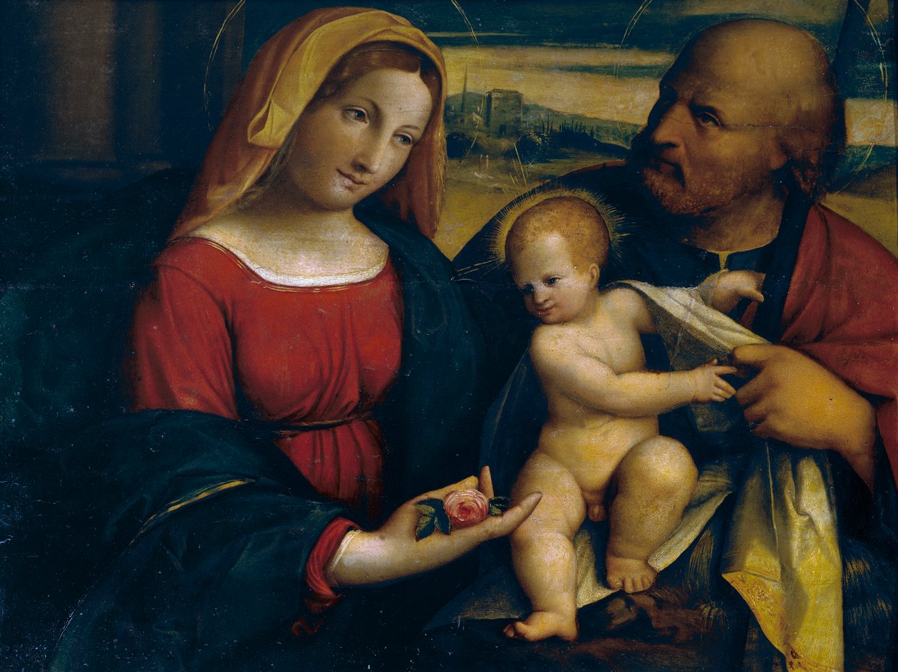 Schilderij dat de Heilige Familie uitbeeldt door Benvenuto Tisi da Garofalo