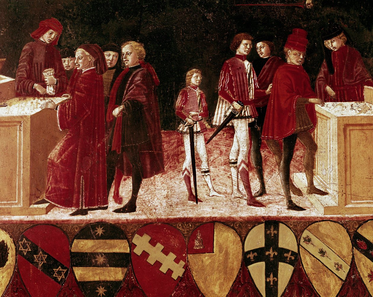 Allegorie van staatsfinanciën in oorlogstijd en vredestijd (detail) door Benvenuto di Giovanni