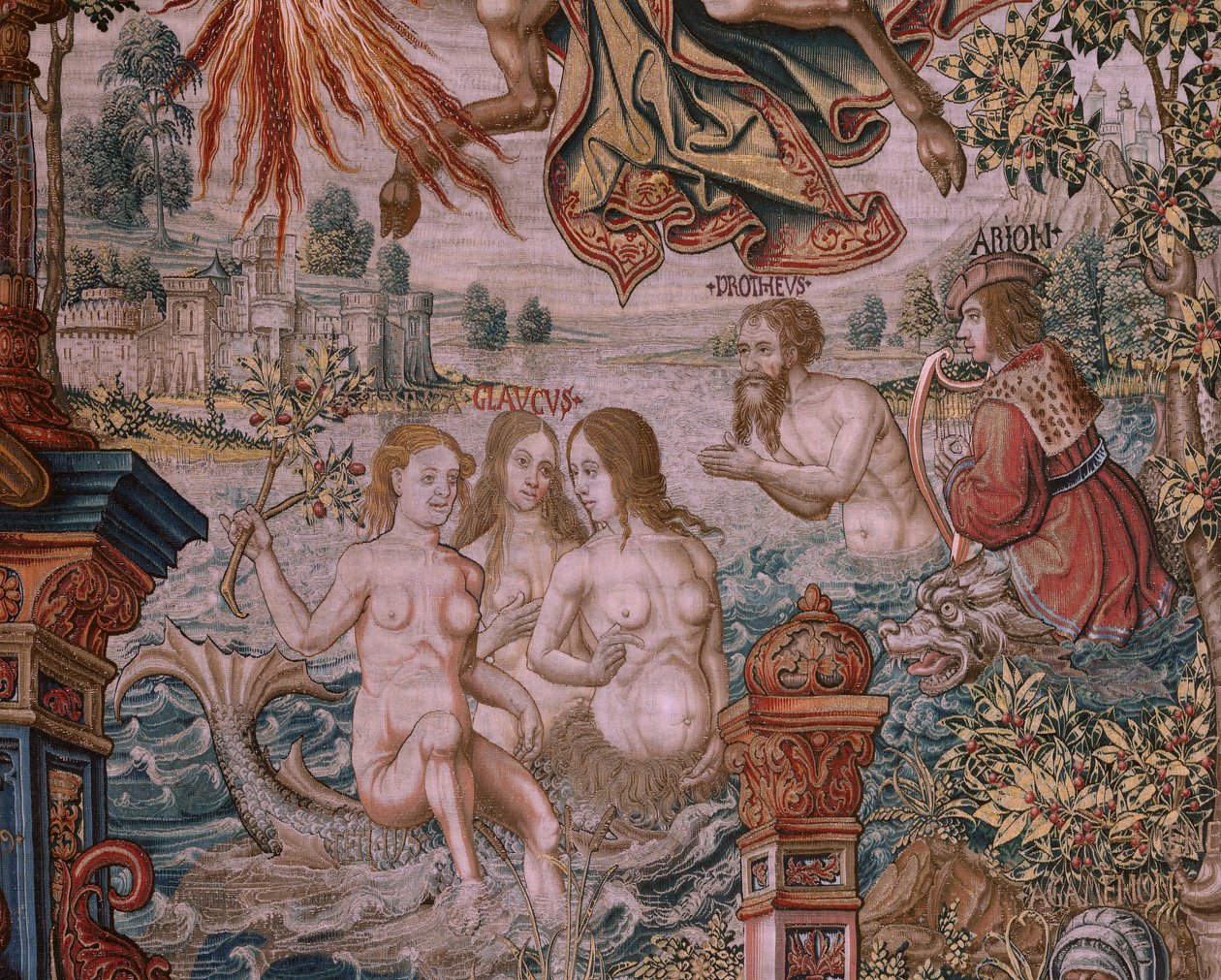 Vlaamse wandtapijt. Serie De Eerbewijzen. Roem. Derde wandtapijt in de serie. Model Cartonisten uit de kring van Bernard van Orley en Jan Gossaert (Mabuse). Manufacture Pieter van Aelst, Brussel. Ca 1550. door Bernaert van (circle of) Orley