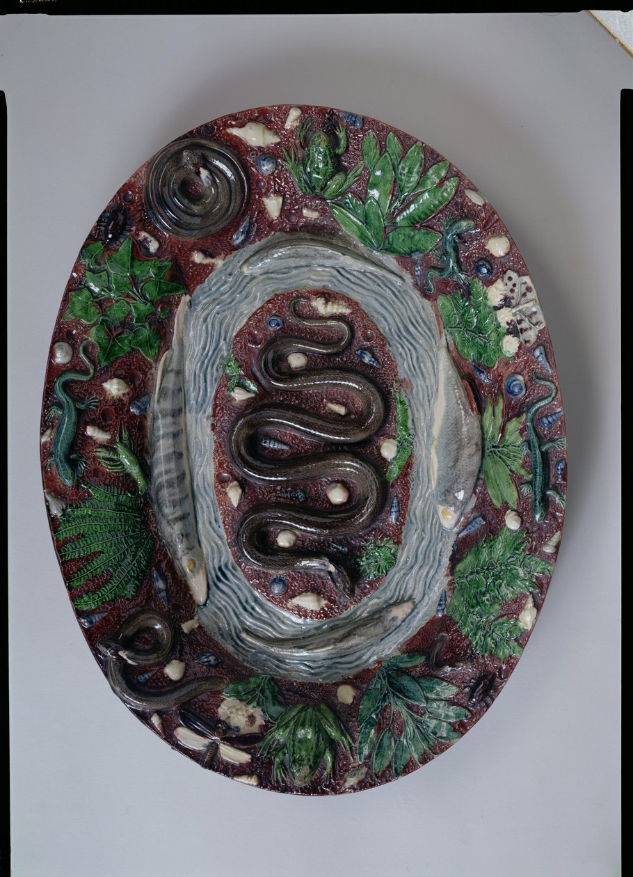 Grote ovale schaal in reliëf met een ringslang, amfibieën en vissen door Bernard Palissy