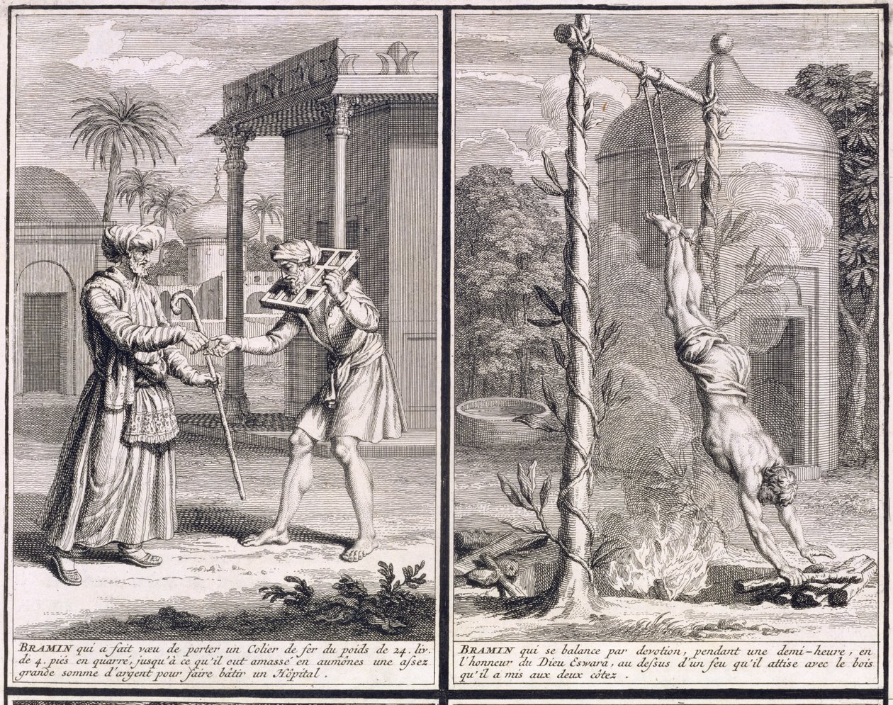 Een brahmaan die een ijzeren kraag draagt om geld in te zamelen voor een ziekenhuis en een brahmaan die boven een vuur hangt in devotie, illustraties uit 