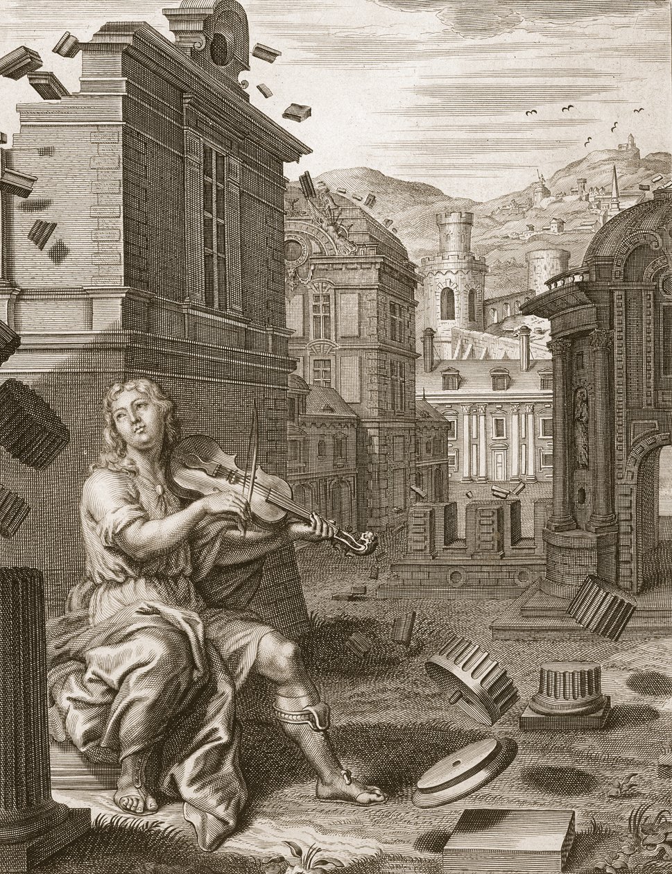 Amphion bouwt de muren van Thebe door de muziek van zijn lier, 1731 door Bernard Picart