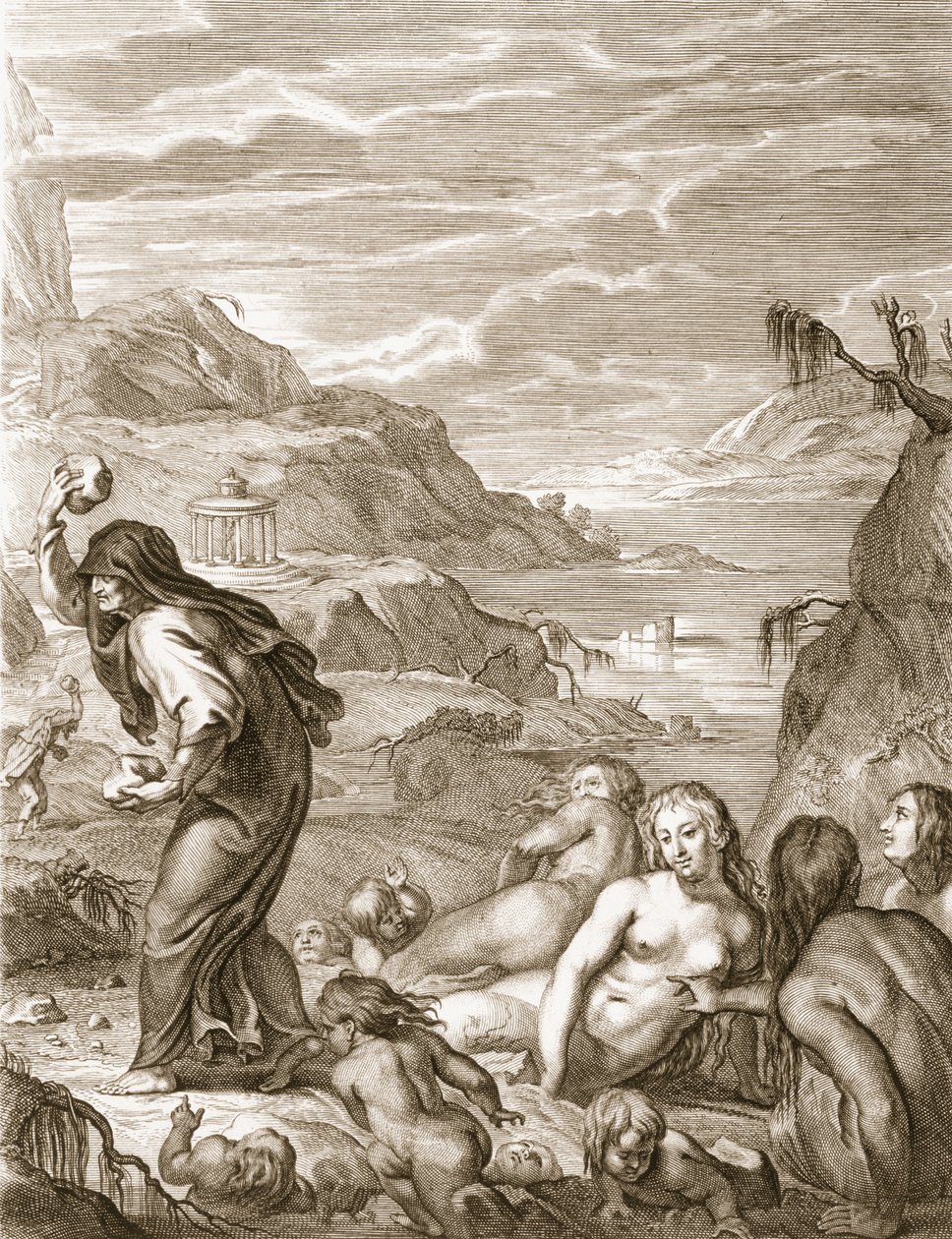 Deucalion en Pyrrha Bevolken de Wereld Opnieuw door Stenen Achter Zich te Gooien, 1731 door Bernard Picart