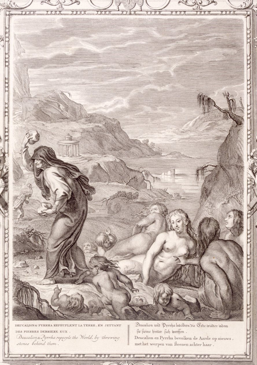 Deucalion en Pyrrha bevolken de wereld opnieuw door stenen achter zich te gooien, 1731 door Bernard Picart