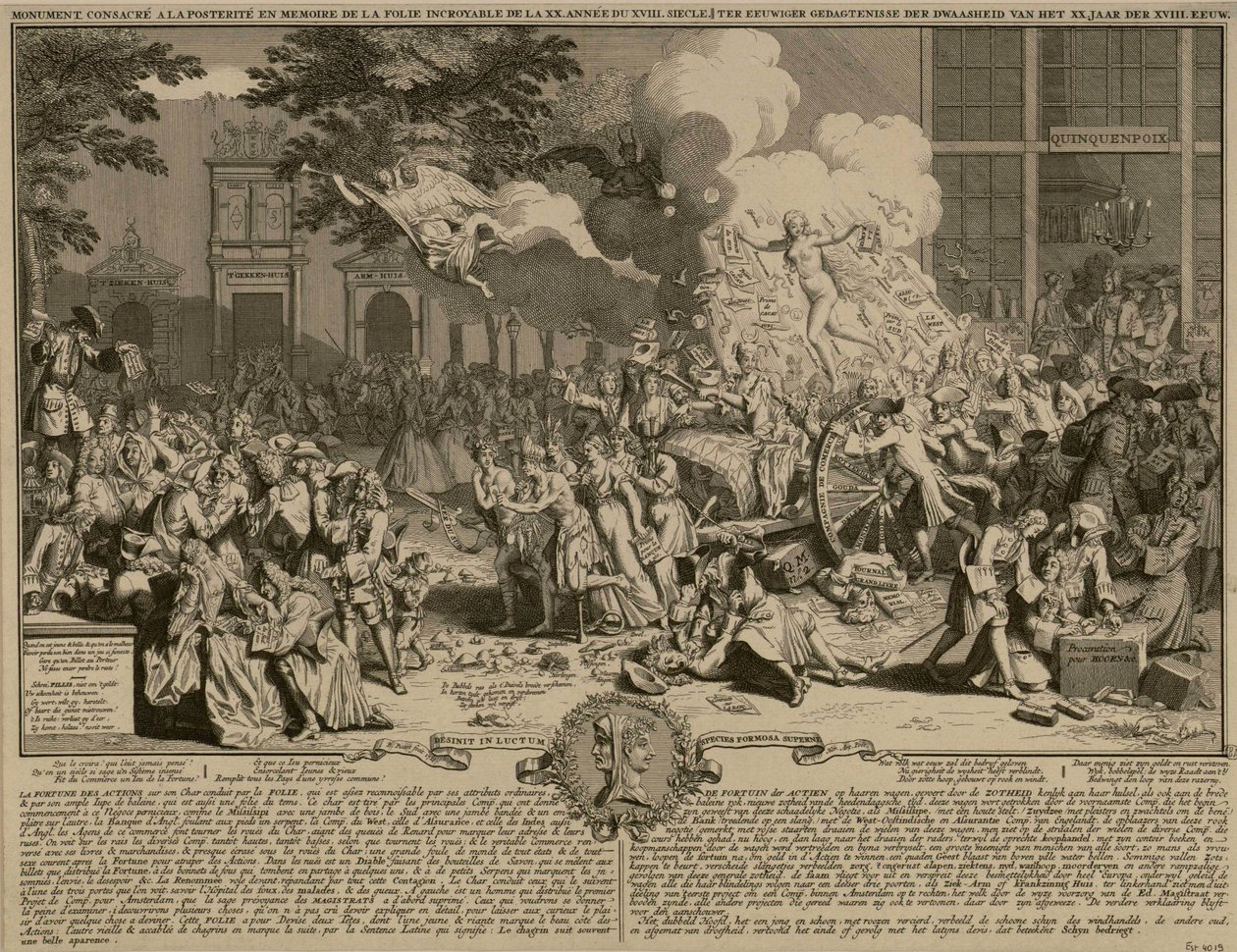 Satirische Prent over het Functioneren van het Systeem van Law en zijn Faillissement 1720 door Bernard Picart