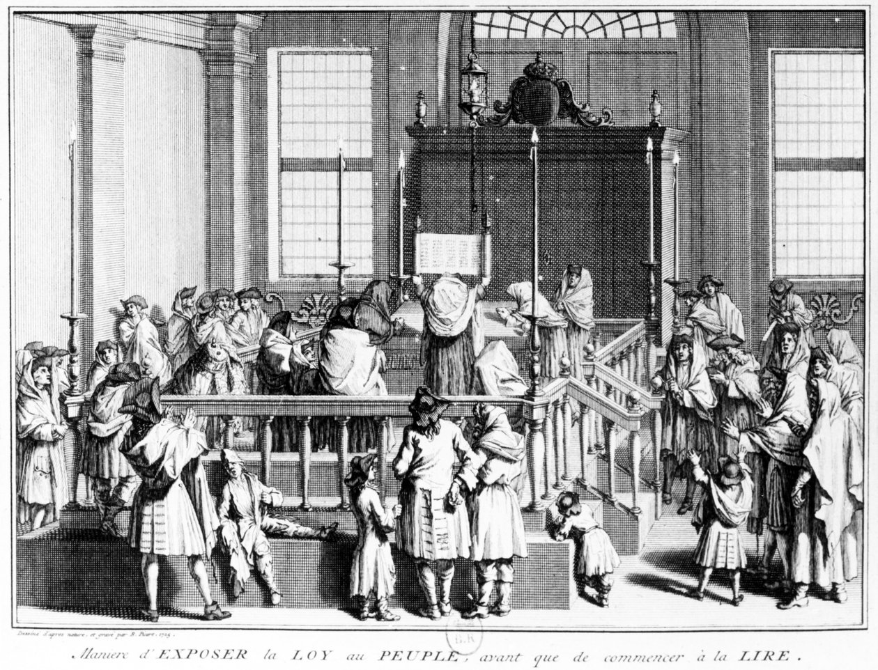 De wet tonen aan de mensen in de synagoge voor het begin van de lezing, 1725 door Bernard Picart
