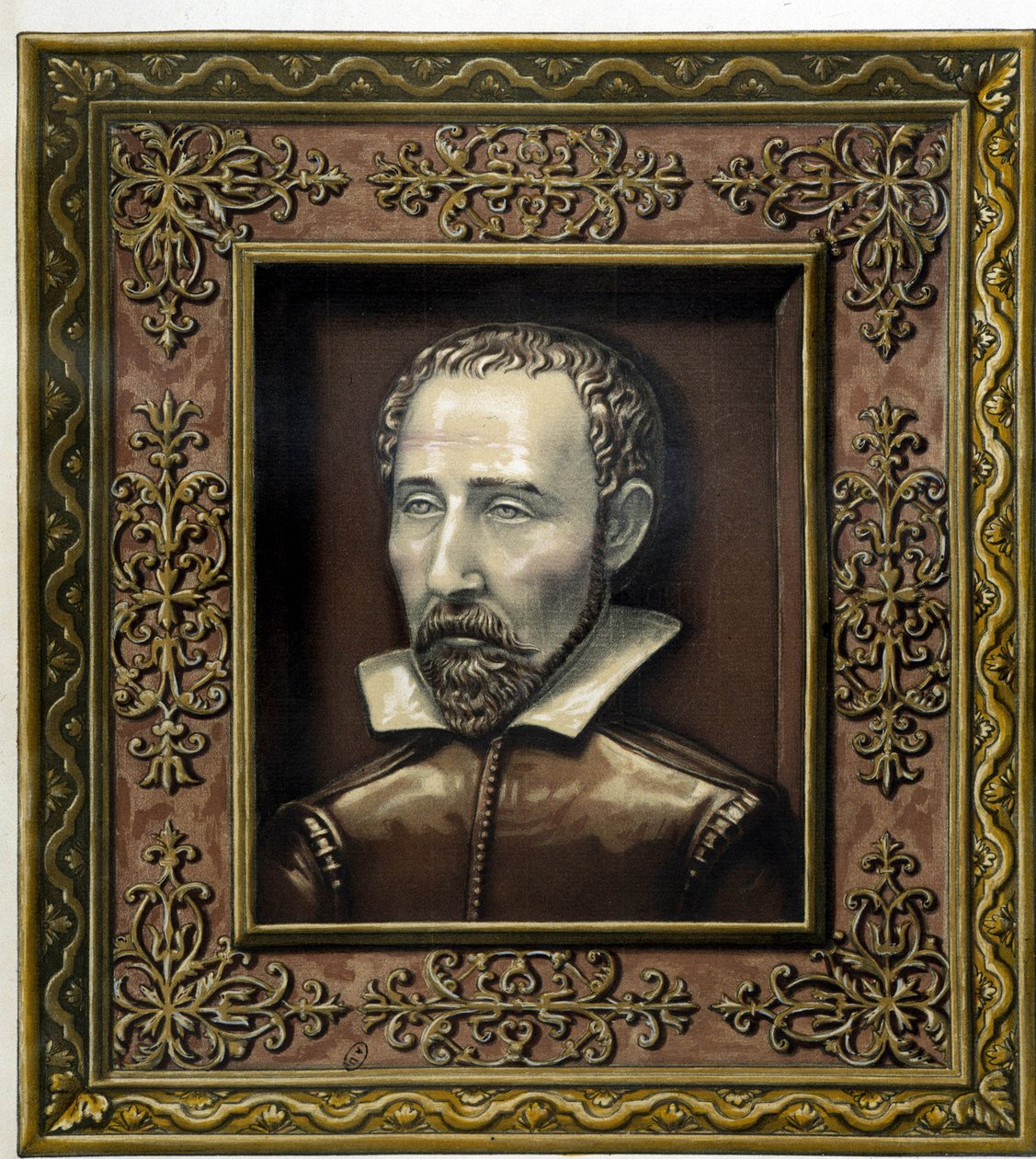 Portret van Bernard Palissy, uitgevoerd in aardewerk door hemzelf - in "The work of Bernard Palissy" door C. Delange en C. Borneman, Parijs door Bernard (after) Palissy