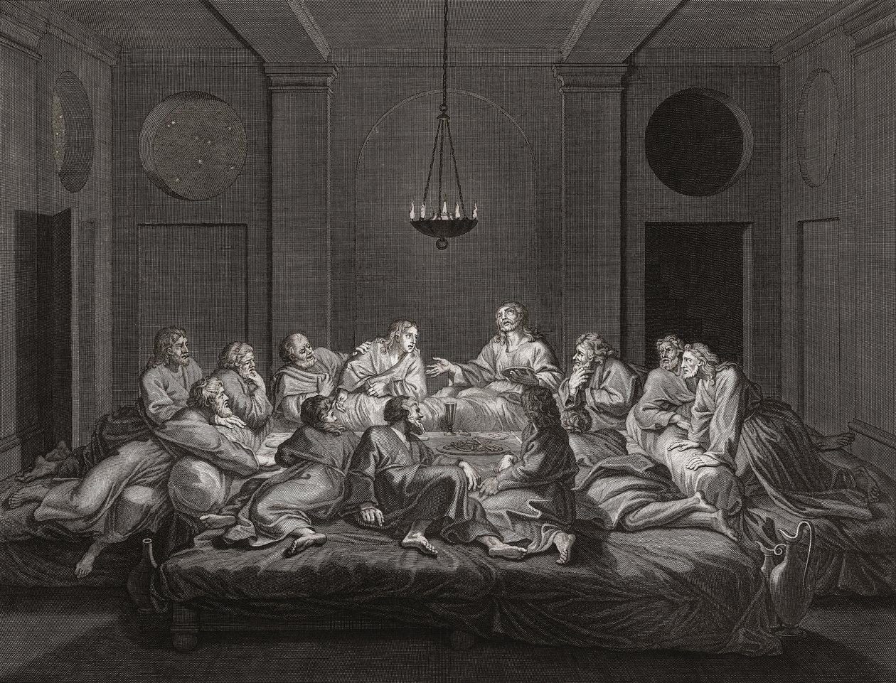 Jezus Christus en apostelen bij het Laatste Avondmaal door Bernard (after) Picart