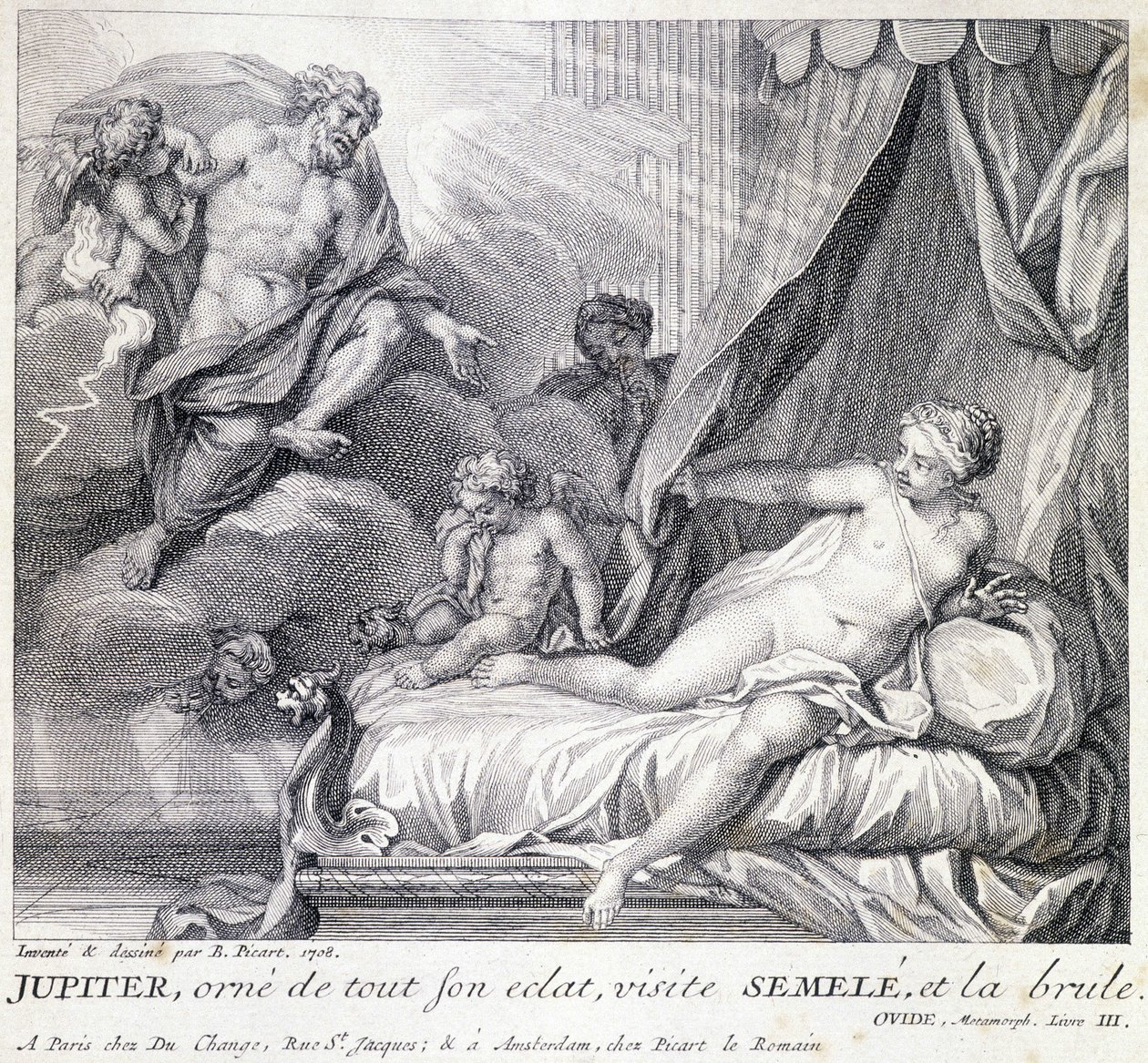 Jupiter (Zeus) verbrandt Semele met zijn bliksem. Gravure uit de 18e eeuw naar de tekening van B. Picart gemaakt in 1708. door Bernard (after) Picart