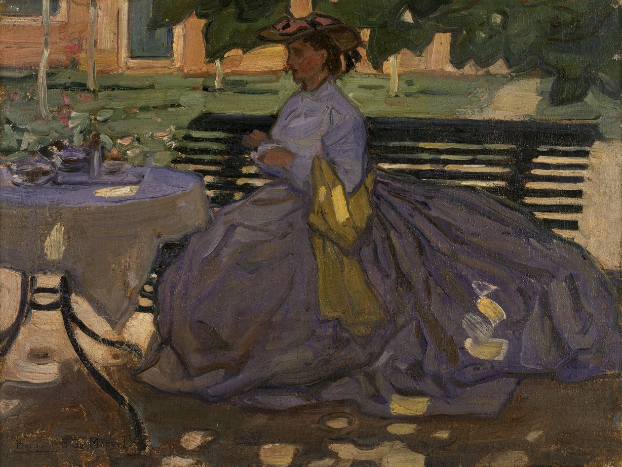 Zittende vrouw in een tuin, ca. 1910 (olieverf op cava) door Bernard Boutet de Monvel