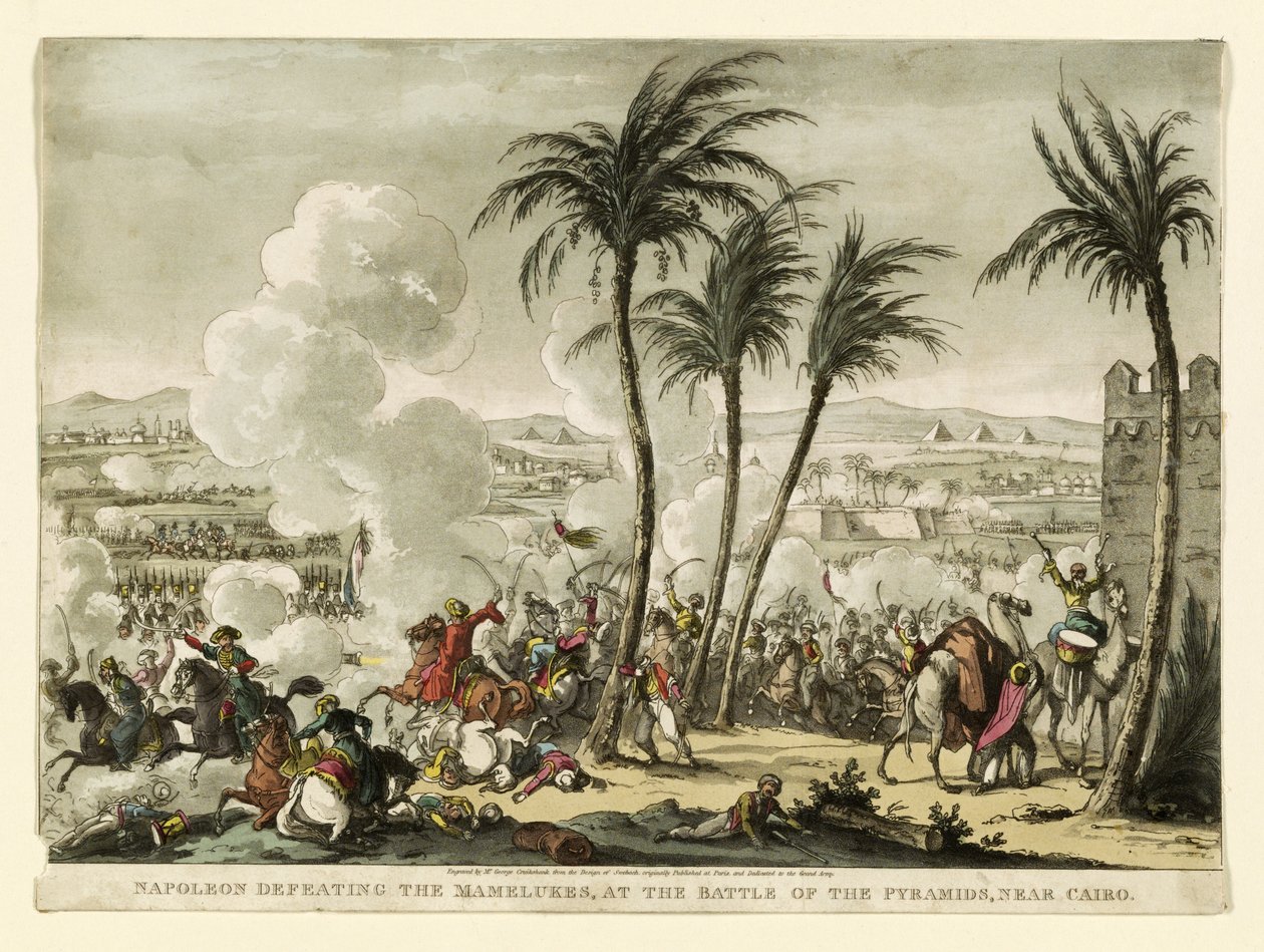 Napoleon verslaat de Mamelukken bij de Slag bij de Piramides, nabij Caïro, gegraveerd door George Cruikshank door Bernard Edouard Swebach