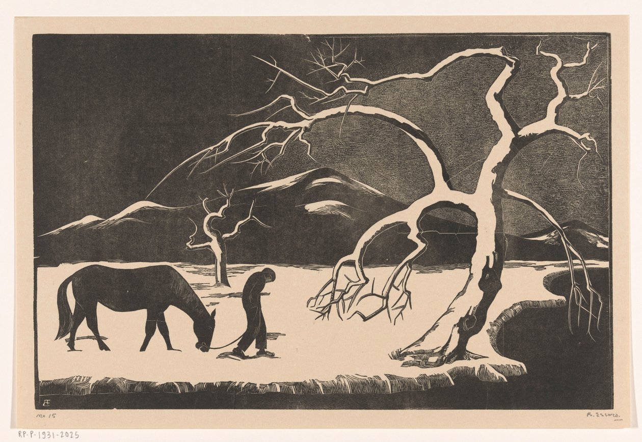 Man met paard in de sneeuw door Bernard Essers (signed by artist)