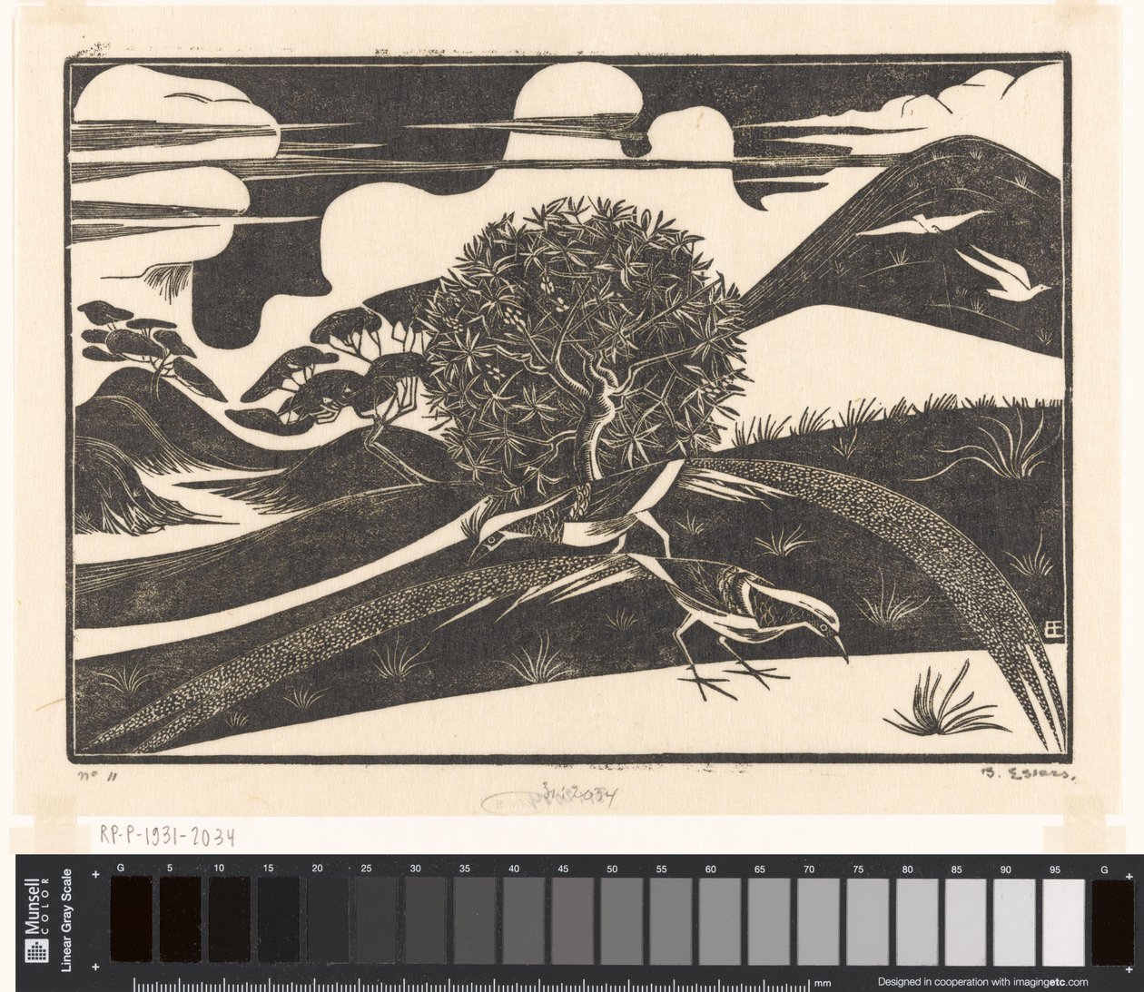 Twee fazanten in een heuvellandschap door Bernard Essers (signed by artist)