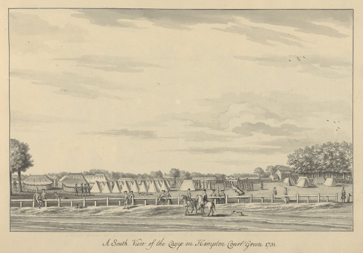 Een Zuidelijk Uitzicht op het Kamp op Hampton Court Green 1731, 1731-33 door Bernard III Lens