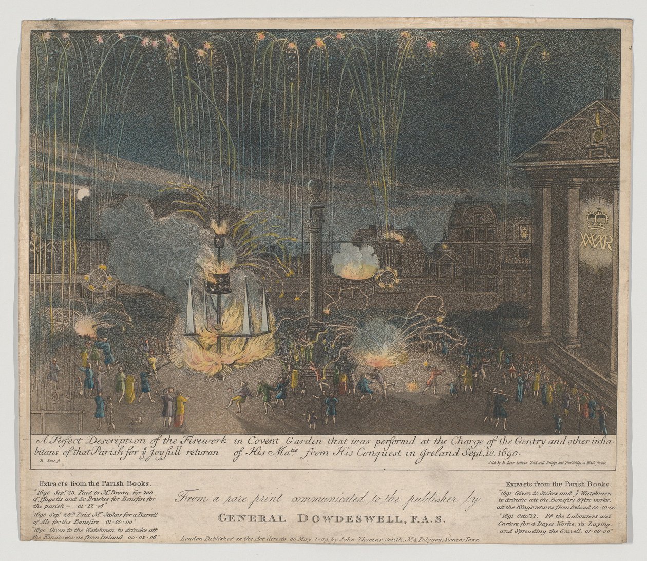Vuurwerk in Covent Garden, 1809 door Bernard II Lens