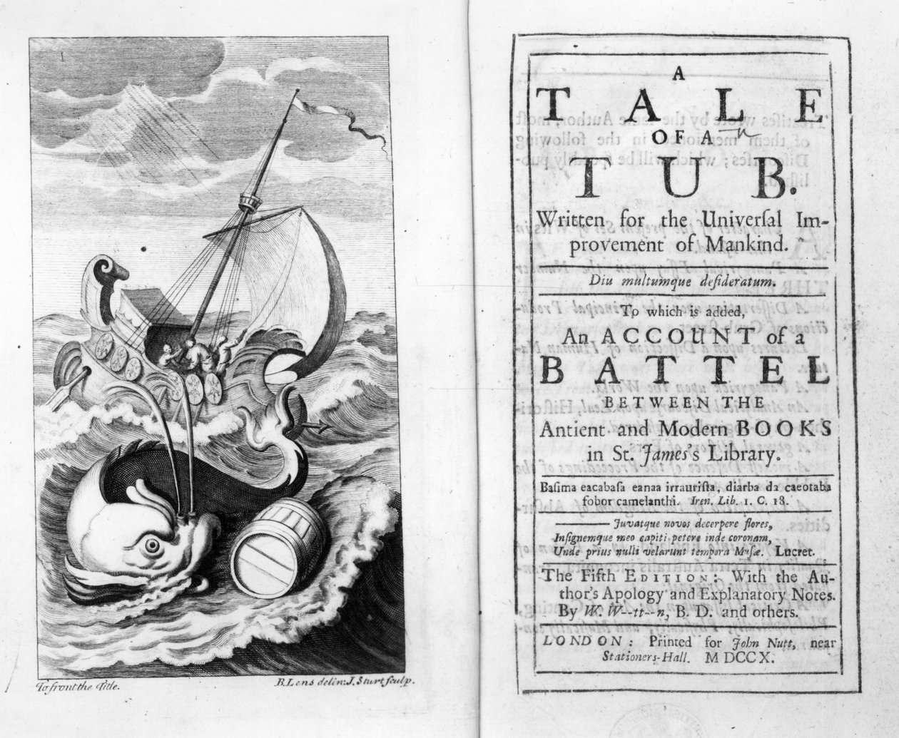 Frontispice en Titelpagina van A Tale of a Tub door Jonathan Swift, gegraveerd door John Sturt, 1704 door Bernard II Lens