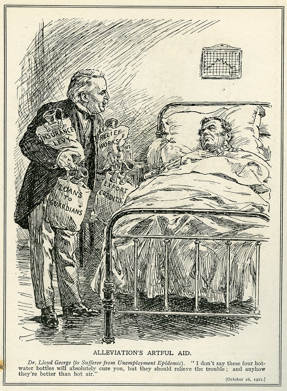 Dr. Lloyd George stelt voor de werkloosheidsepidemie te genezen met vier kruiken: 