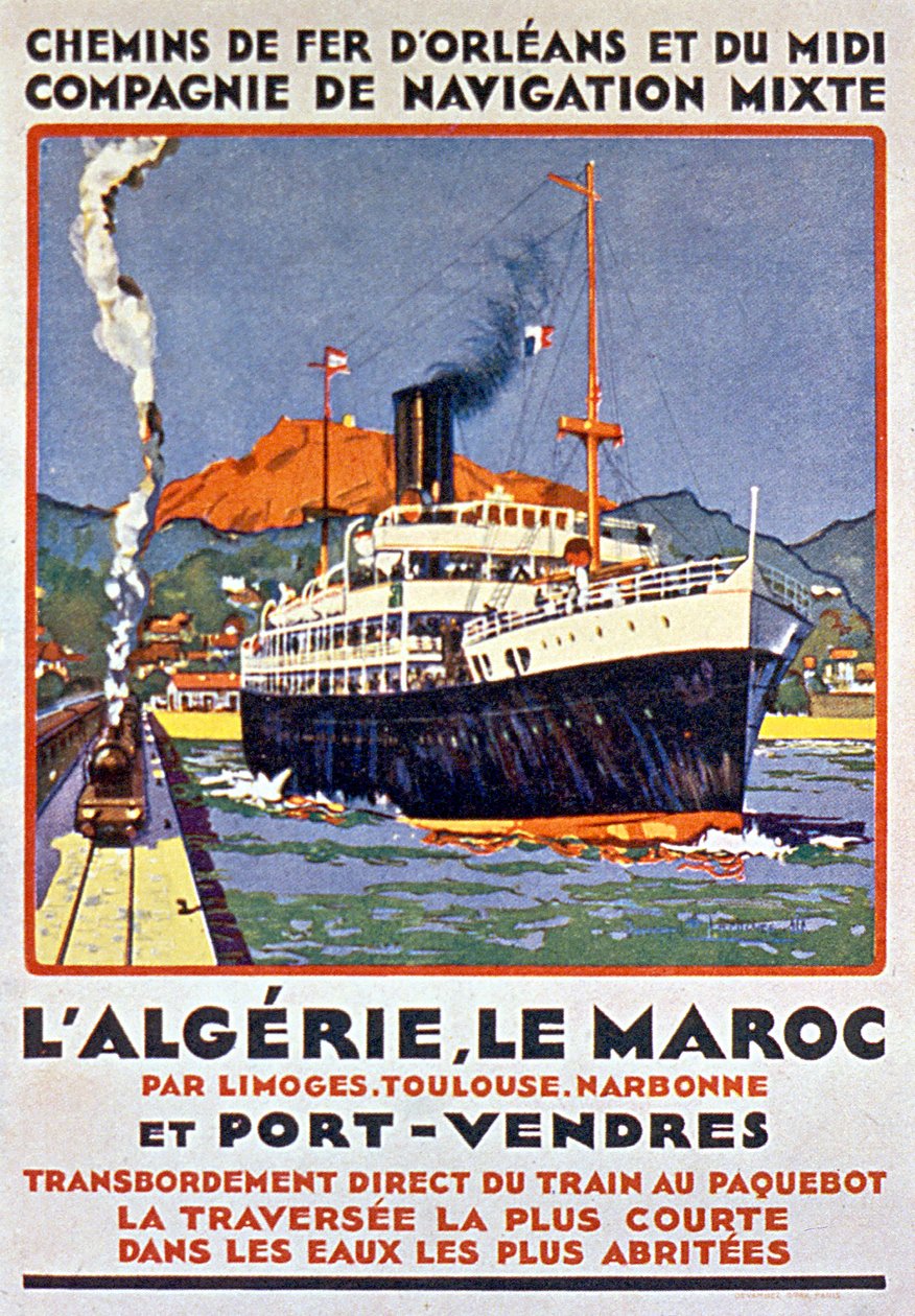 Reclameposter voor Franse spoorlijn naar Algerije en Marokko vanuit Frankrijk via Limoges Toulouse Narbonne en Port Vendres ca 1900 door Bernard Lachevre