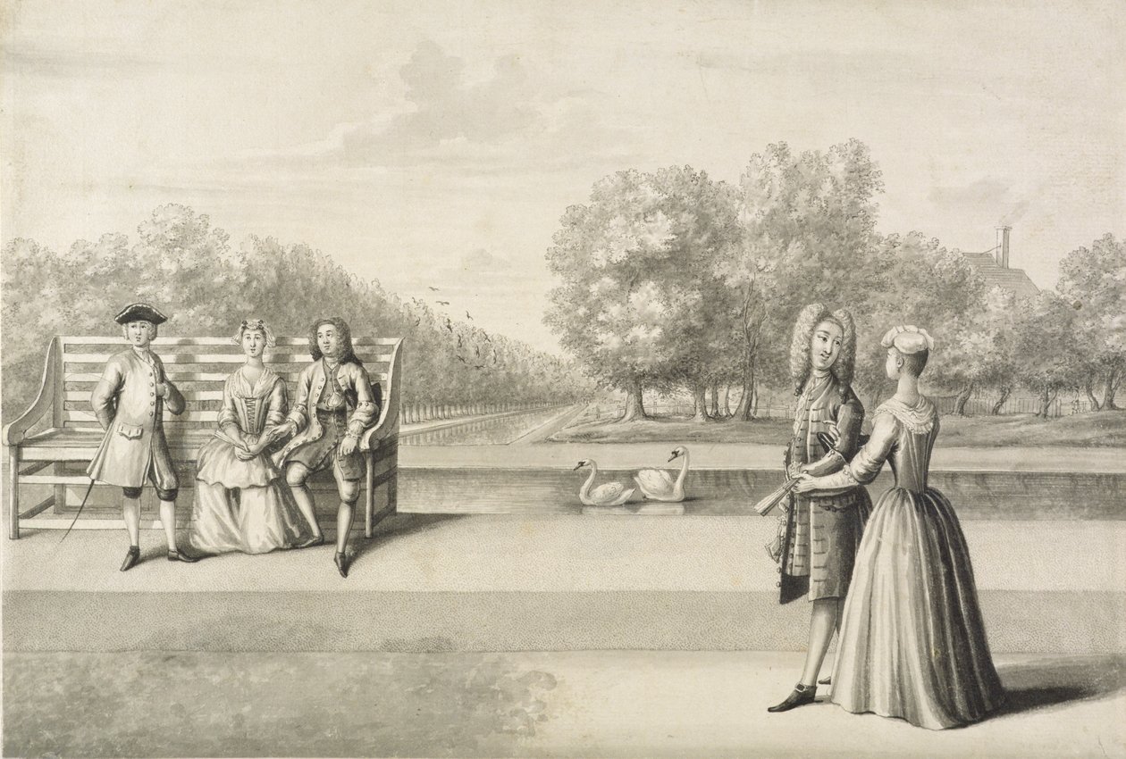 Figuren aan de oever van het Long Water, Hampton Court Palace door Bernard Lens