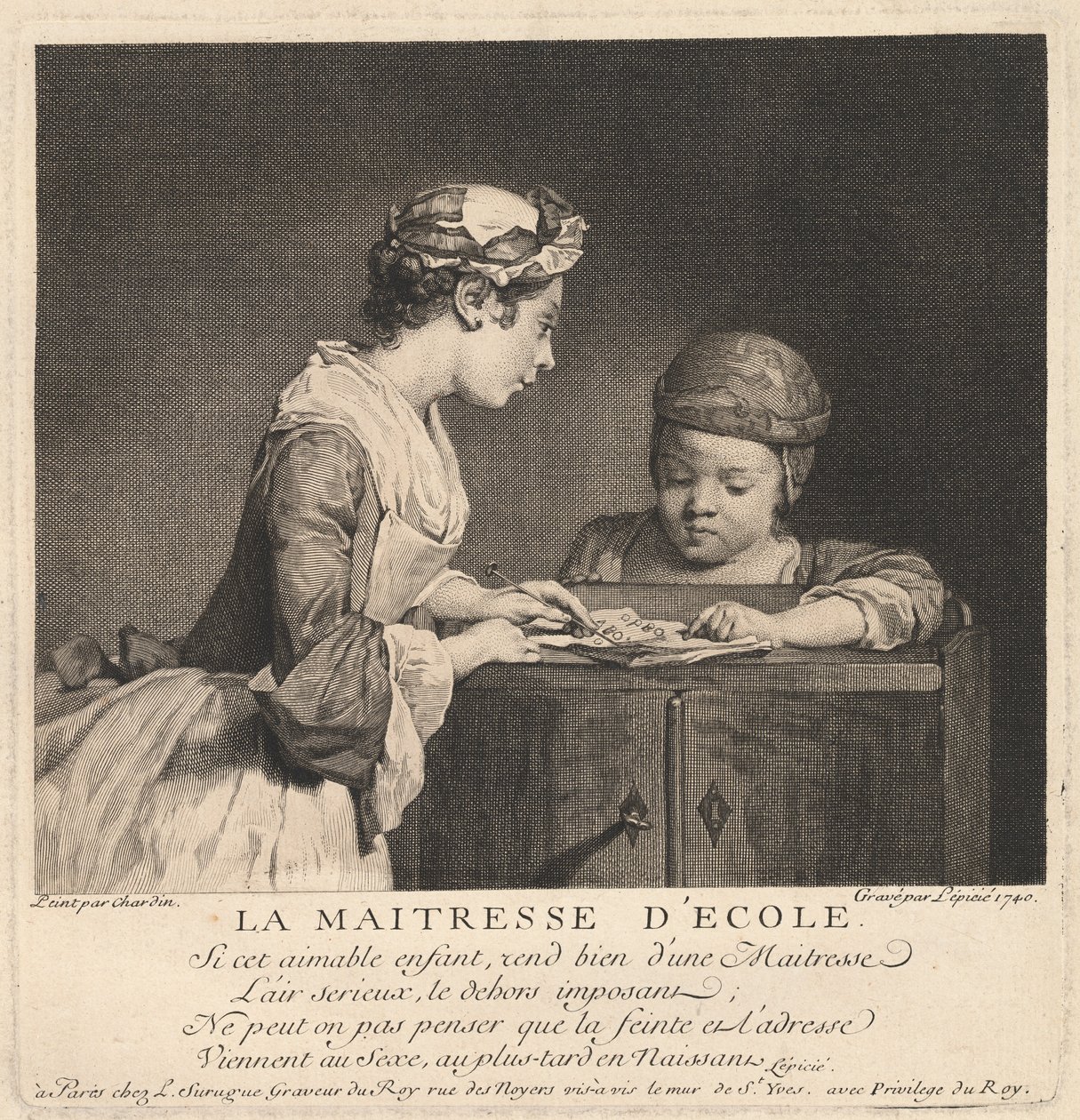 De schooljuffrouw door Bernard Lépicié after Jean Siméon Chardin